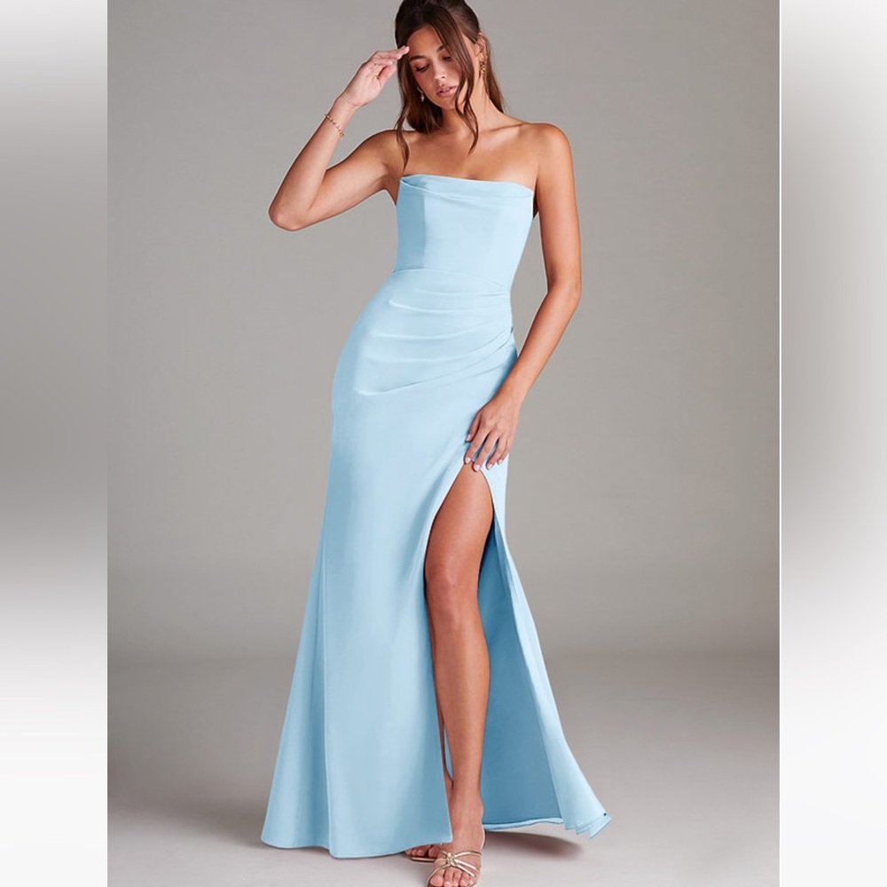 Azazie Strapless Light Blue Wedding Dress with Thigh Slit